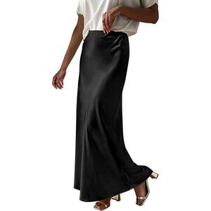 Women Black Maxi Dressy Casual Zipped High Waisted Flowy Silk Elegant Long Skirt